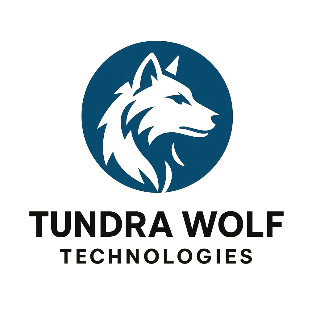 Tundra Wolf Technologies logo featuring a modern tech-inspired wolf head on a dark background